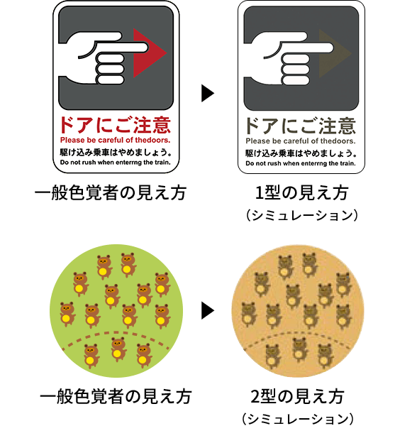 一般色覚者の見え方と1型の見え方（シミュレーション）、一般色覚者の見え方と2型の見え方（シミュレーション）