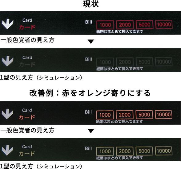 現状と改善例：赤をオレンジ寄りにする ※券売機電光表示の例